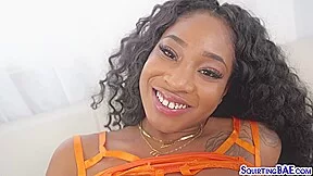 Squirting ebony fucked in anal hole by big white dick