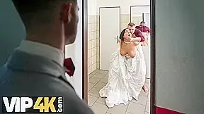 VIP4K. Being locked in the bathroom, sexy bride doesnt lose time and seduces random guy