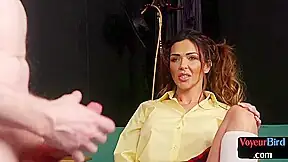 Voyeur CFNM college uniform GF teases guy who wanks on her