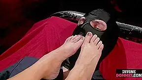 Footfetish BDSM domina teases her sub and jerks him till cum